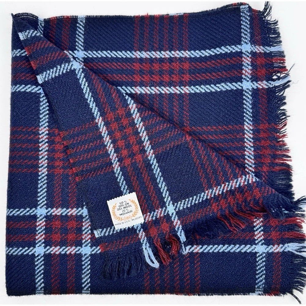 VTG Wool Mohair Unisex‎ Navy Red Tartan Plaid Scarf Classic Preppy Made in USA